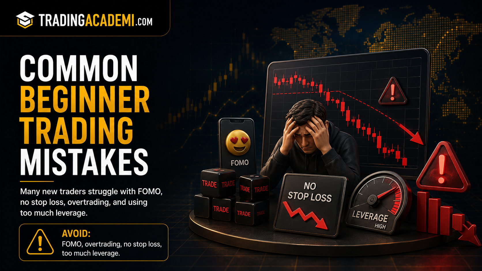 Common beginner trading mistakes like FOMO overtrading no stop loss and too much leverage