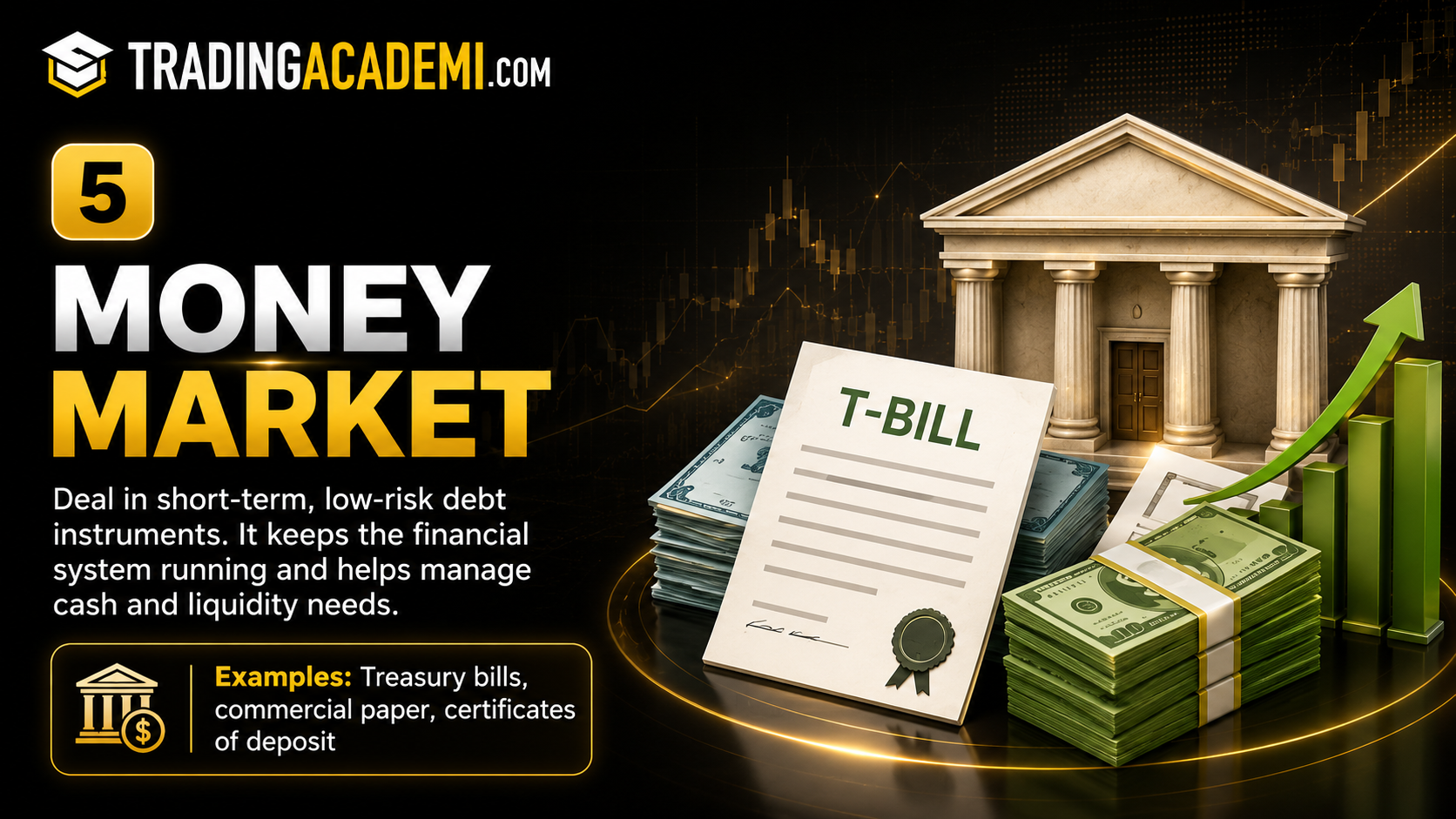 Money market infographic showing T-bill, cash, and short-term finance