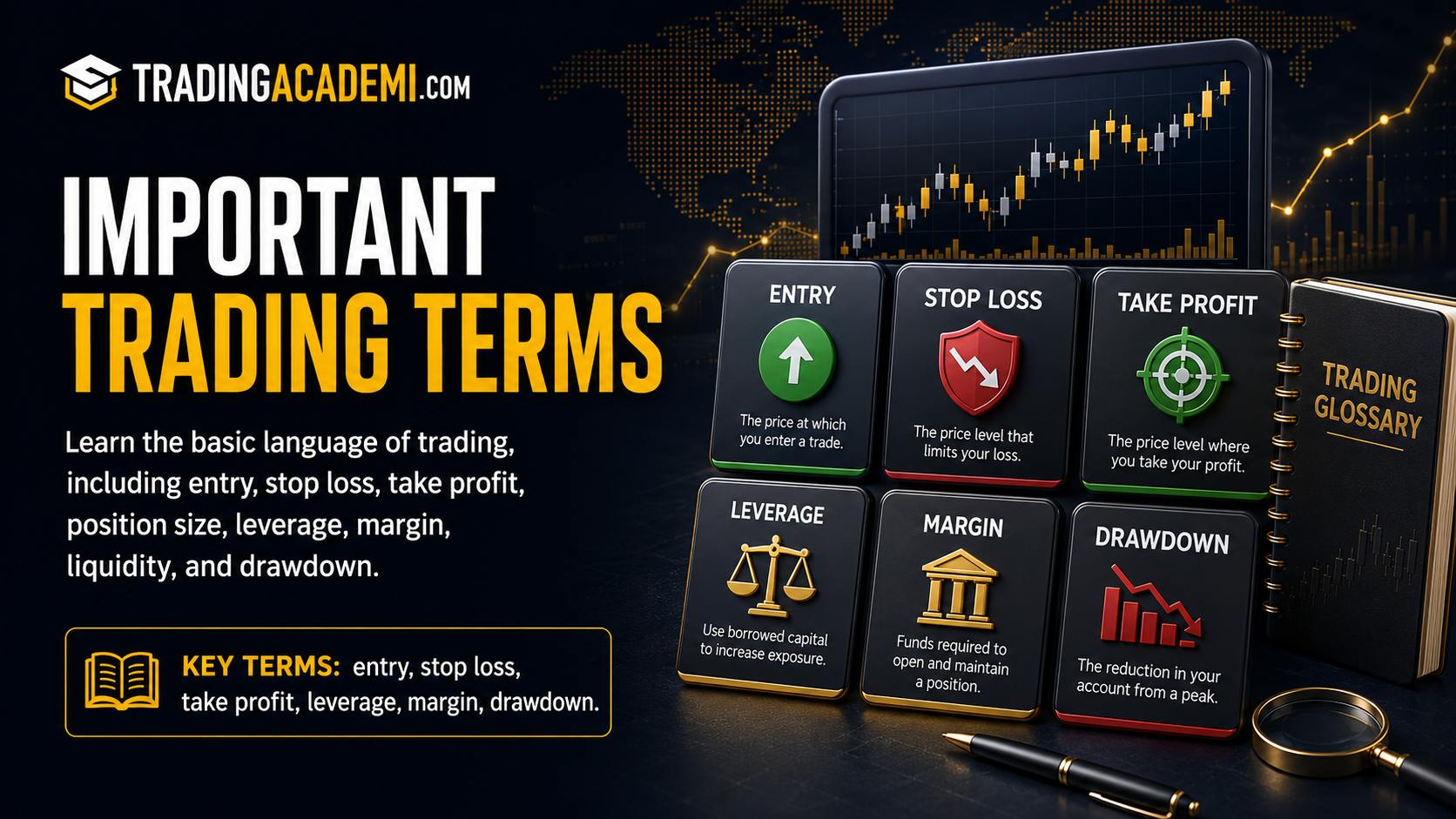 Important trading terms beginners should know such as entry stop loss target leverage and drawdown