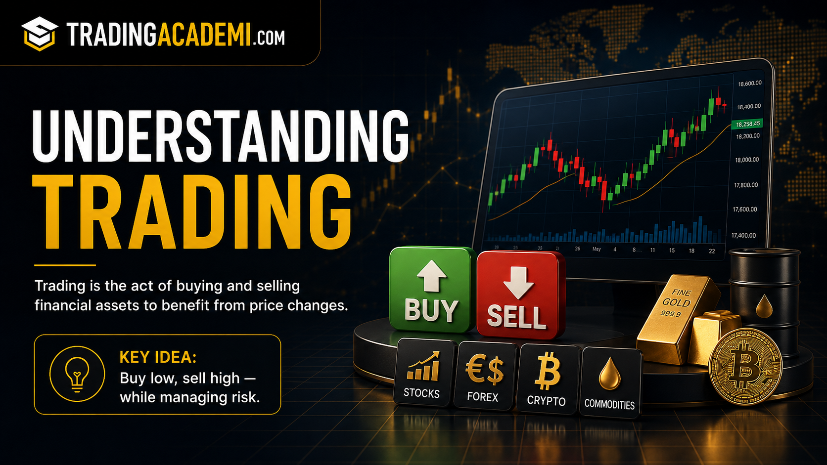 Trading explained as buying and selling financial assets