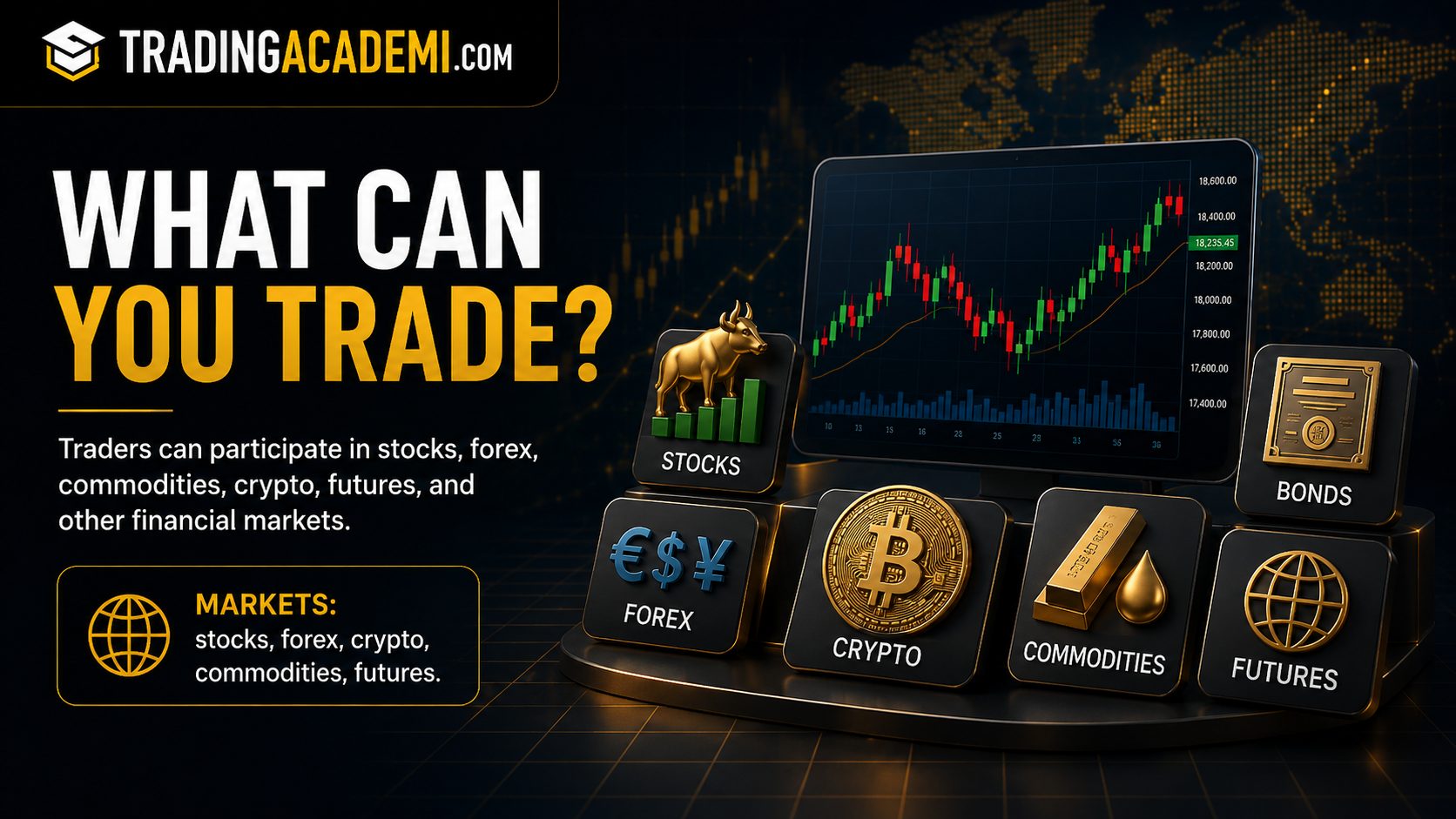 Different financial markets traders can trade including stocks forex futures crypto and commodities