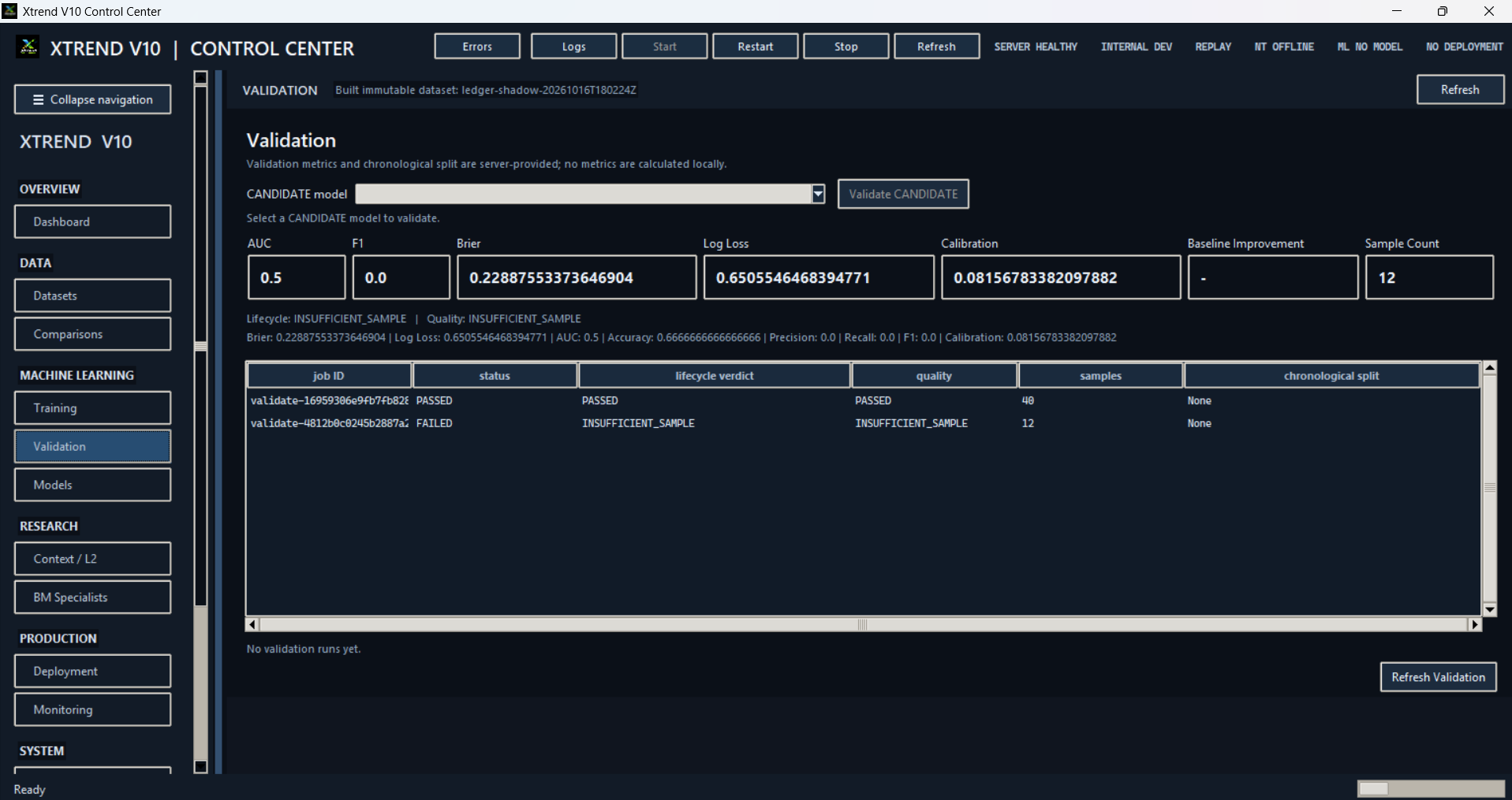 Xtrend V10 Control Center — Model validation interface screenshot