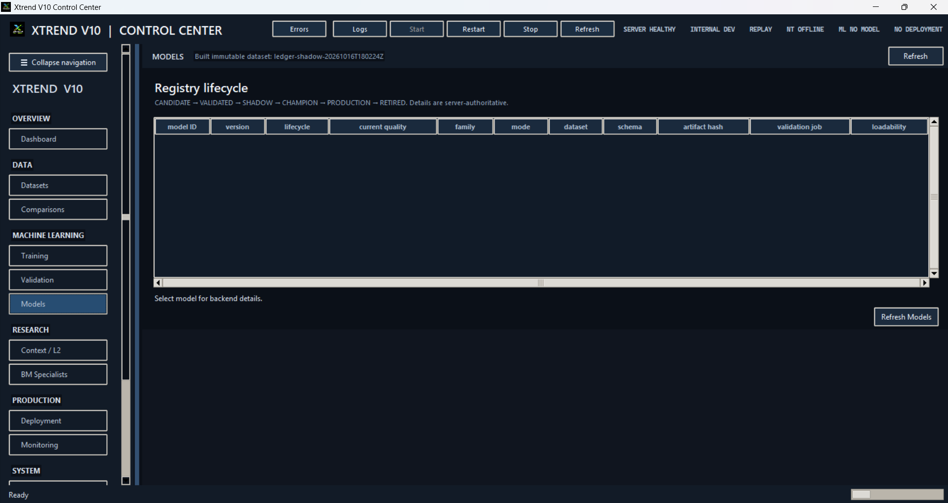 Xtrend V10 Control Center — Model registry interface screenshot