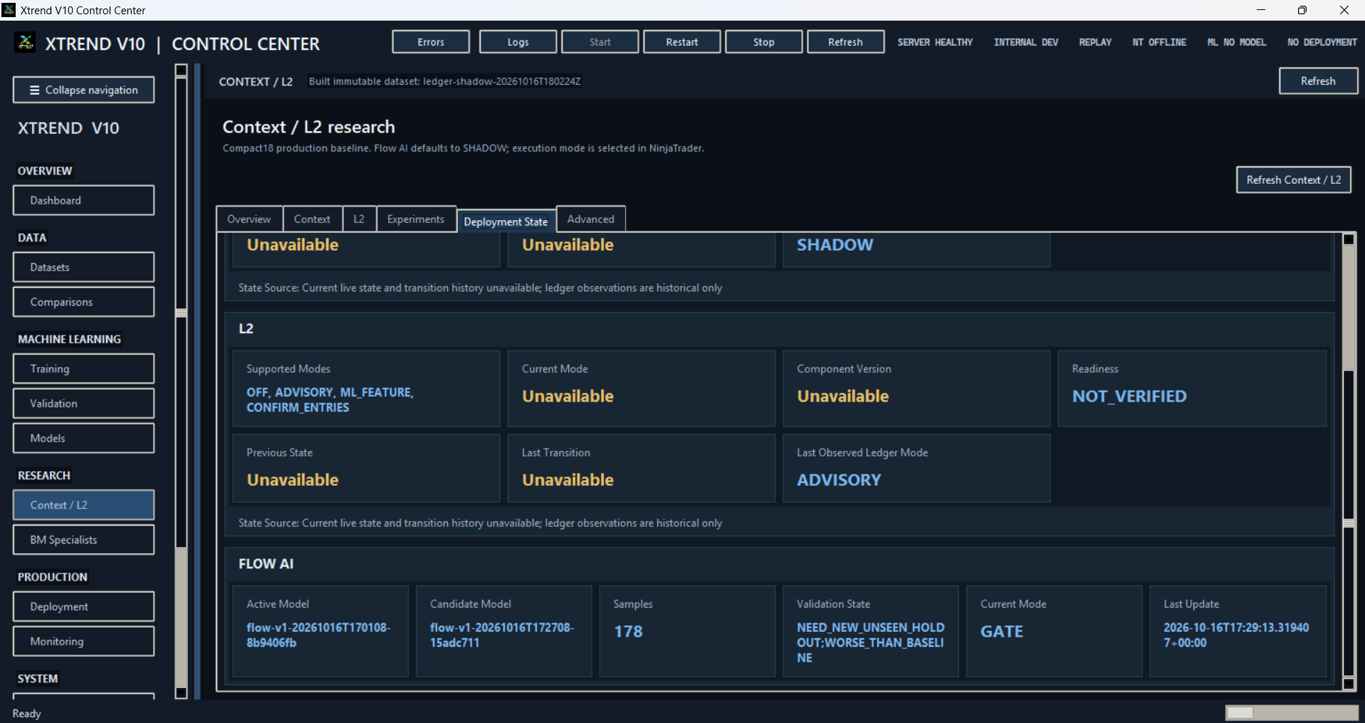 Xtrend V10 Control Center — Context / L2 state interface screenshot