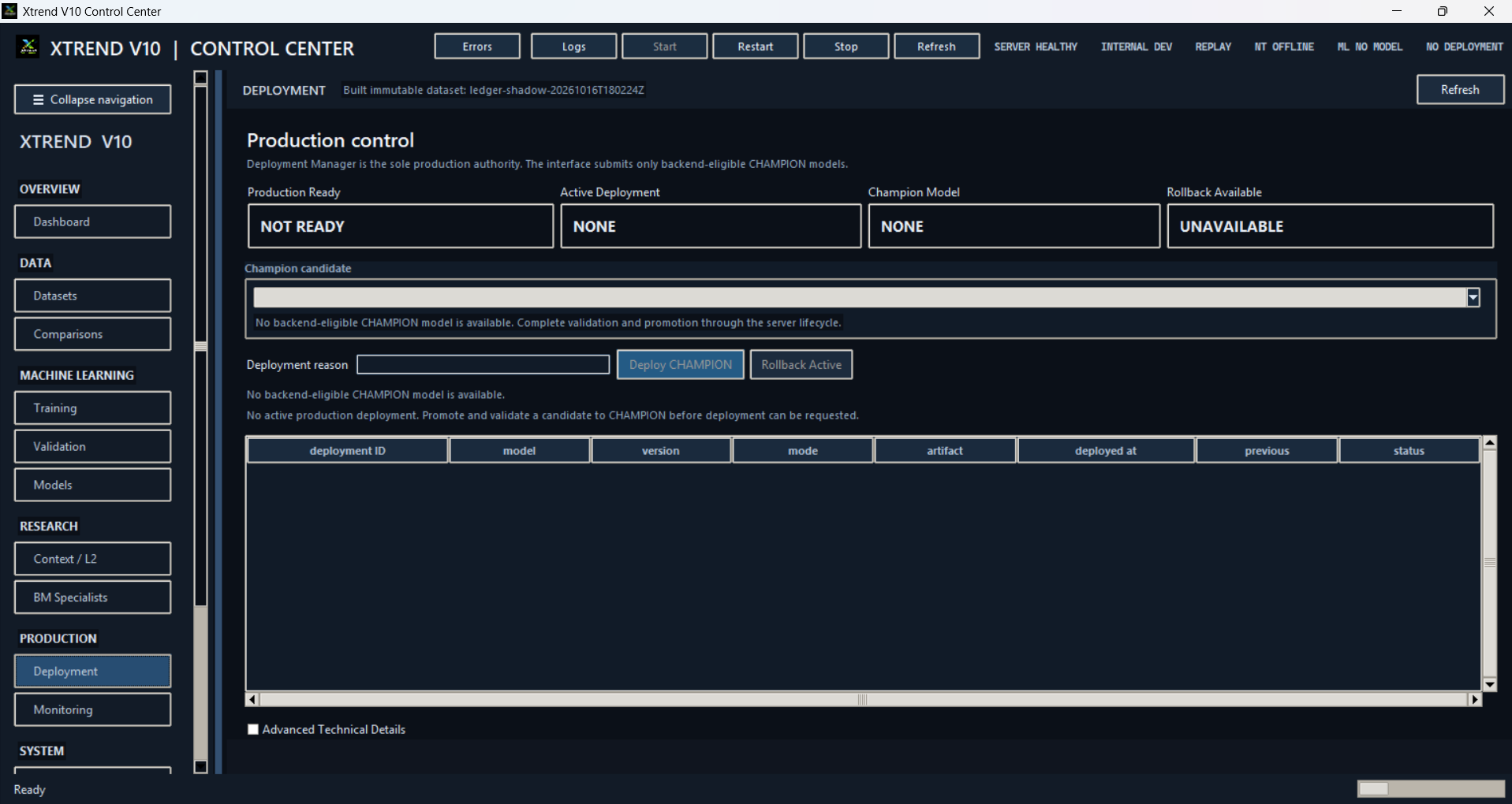 Xtrend V10 Control Center — Deployment controls interface screenshot