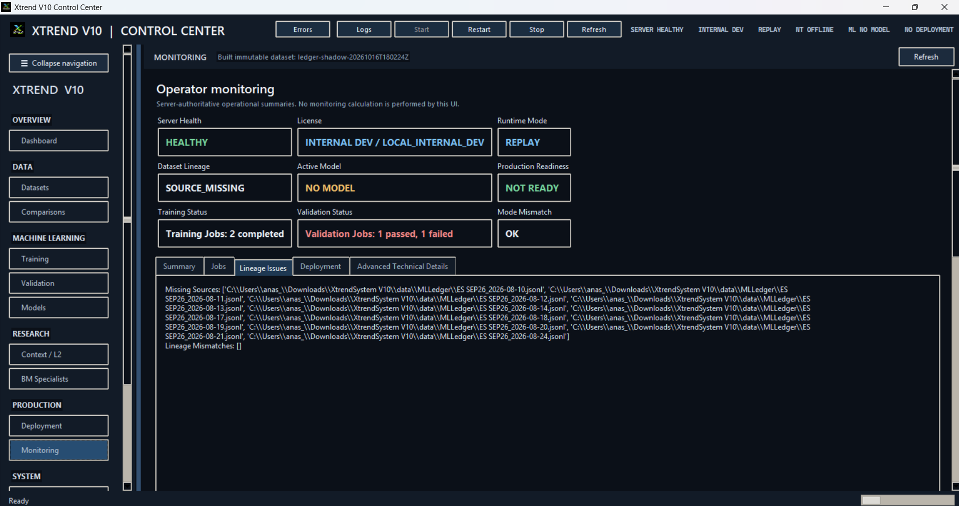 Xtrend V10 Control Center — Monitoring & diagnostics interface screenshot