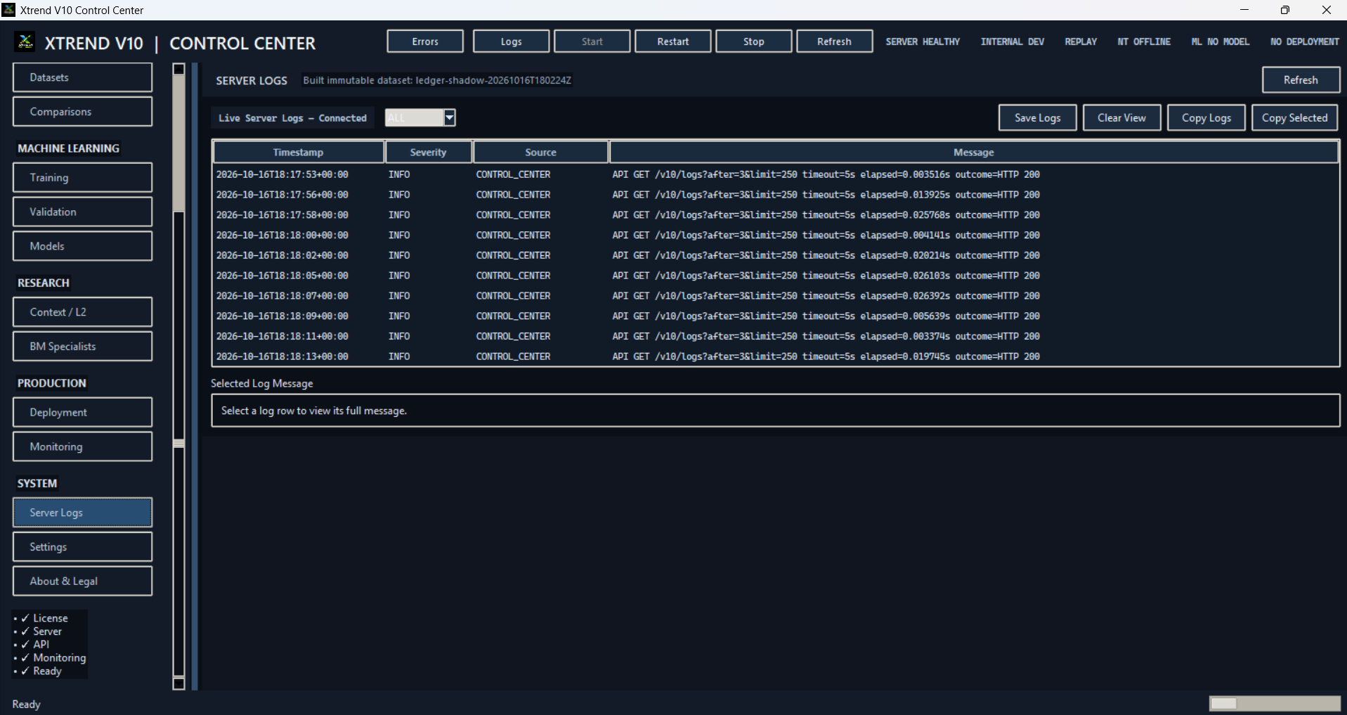 Xtrend V10 Control Center — Server logs interface screenshot
