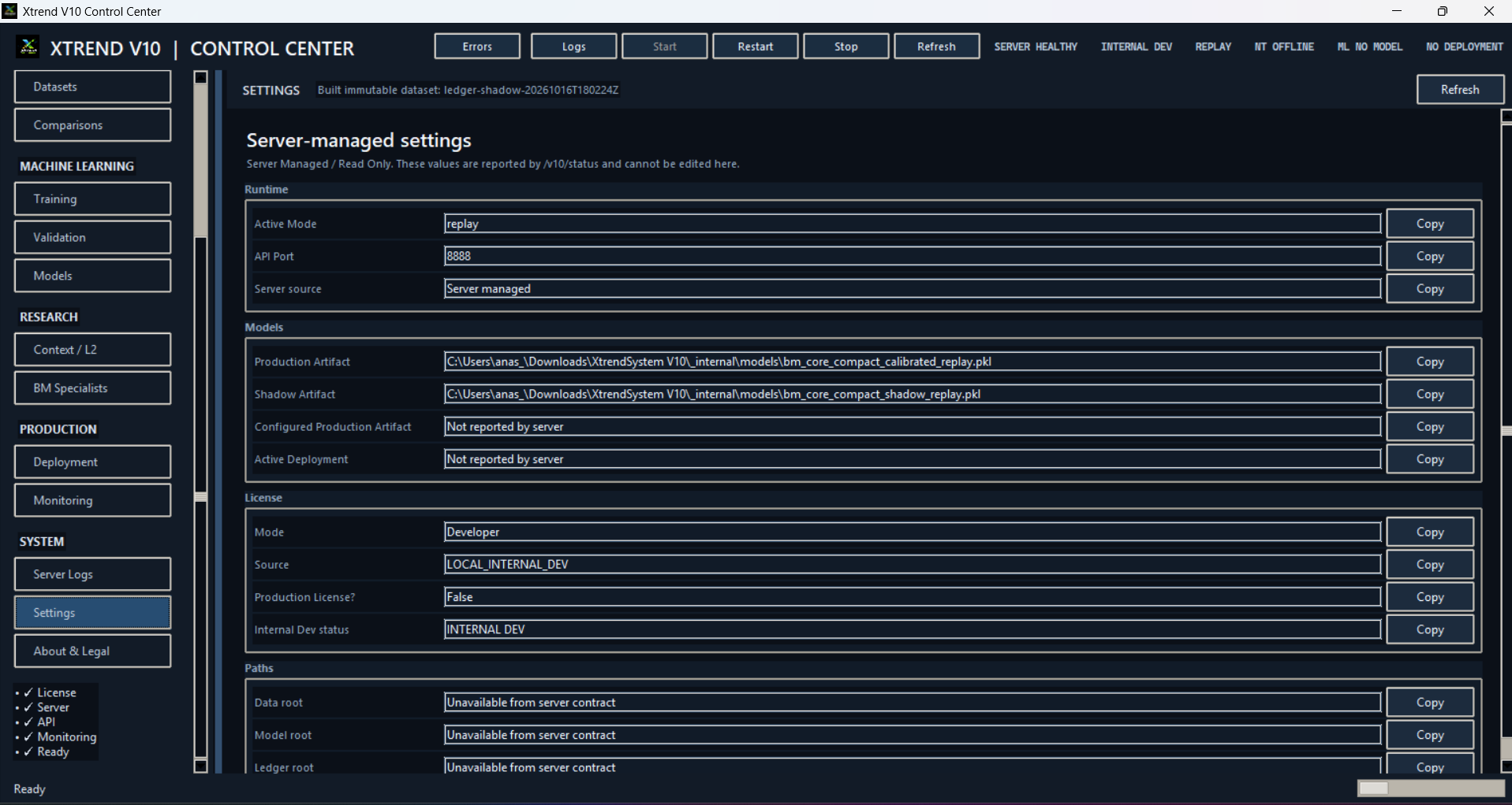 Xtrend V10 Control Center — Server-managed settings interface screenshot