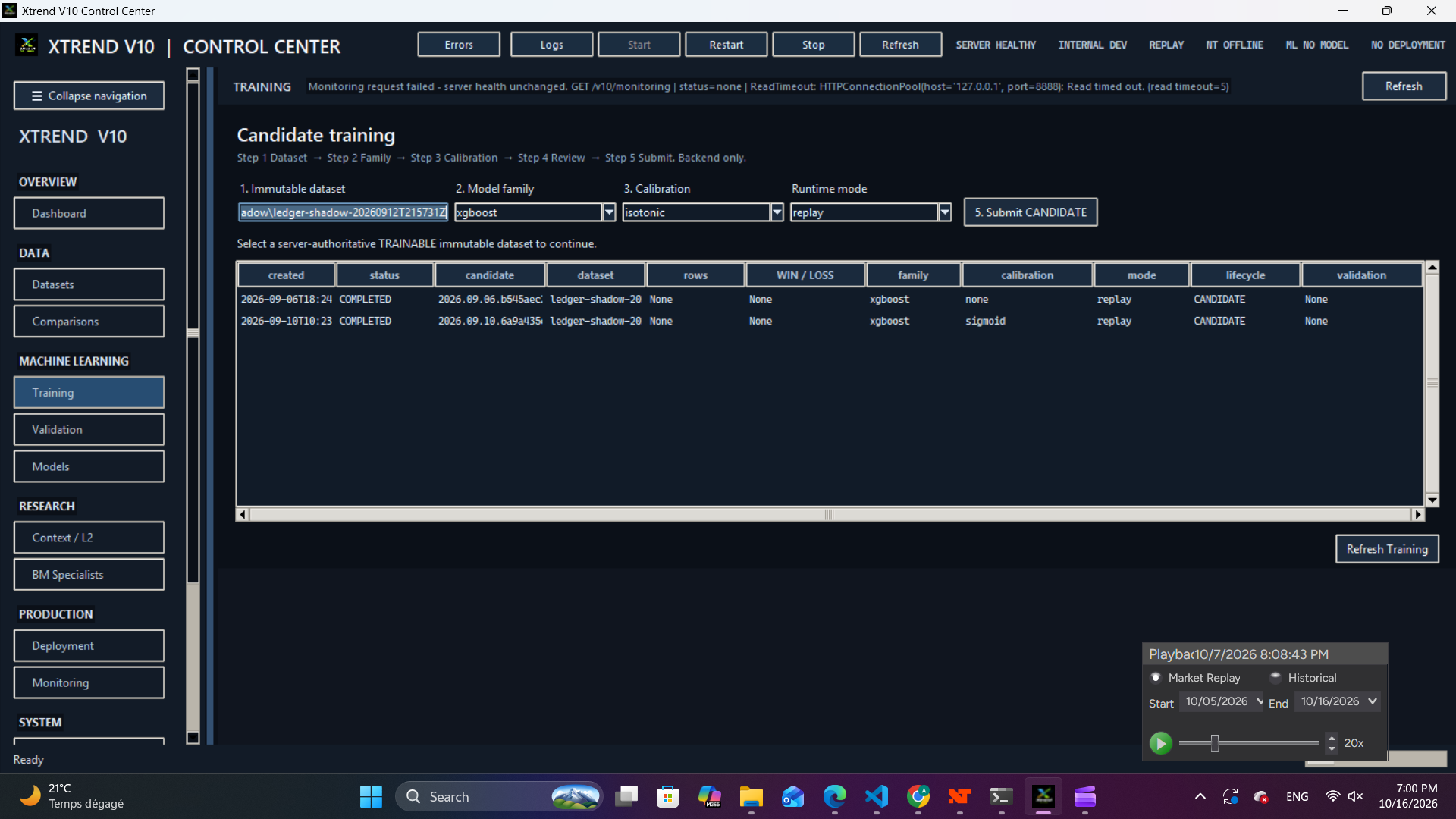Xtrend V10 Control Center — Candidate training interface screenshot